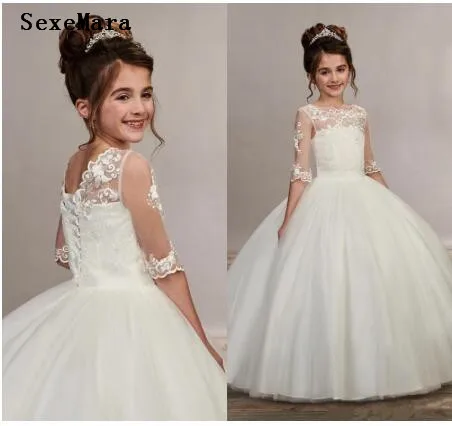 Ivoor Wit Baljurk Bloem Meisje Jurk voor Bruiloft Half Mouwen Puffy Tulle Kant Kinderkleding Meisjes Eerste Communie Jurk Ivoor Wit Baljurk Bloem Meisje Jurk voor Bruiloft Half Mouwen Puffy Tulle Kant Kinderkleding Meisjes Eerste Communie Jurk