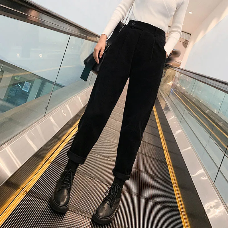 Осенне-зимние Вельветовые женские брюки с высокой талией и карманами, женские брюки размера плюс, уличная одежда, штаны-шаровары, pantalon femme - Цвет: black 1