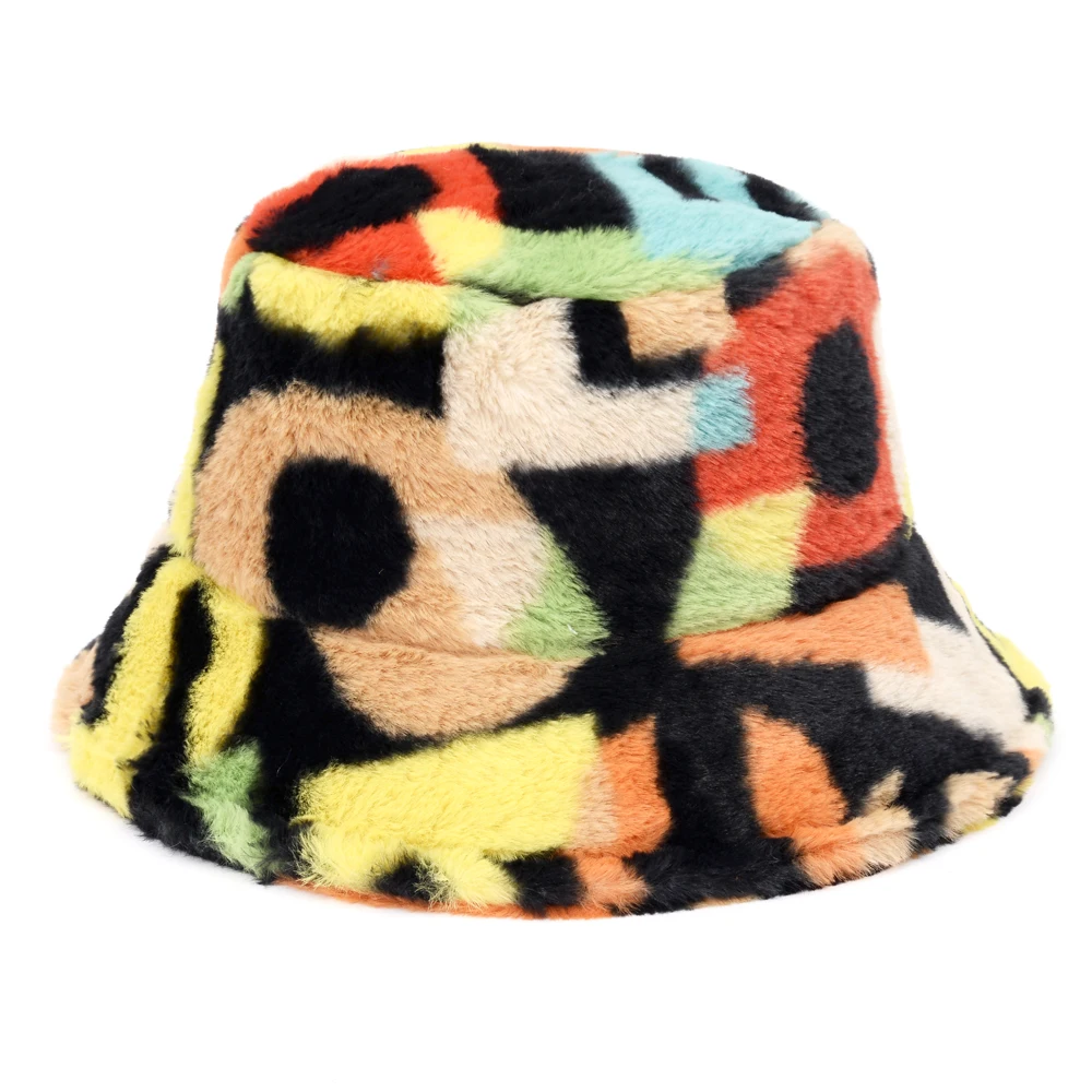 

New Outdoor Multicolor Rainbow Faux Fur winter Bucket Hats Women girl Letter Pattern fisherman hat Soft Warm lady panama Gorros