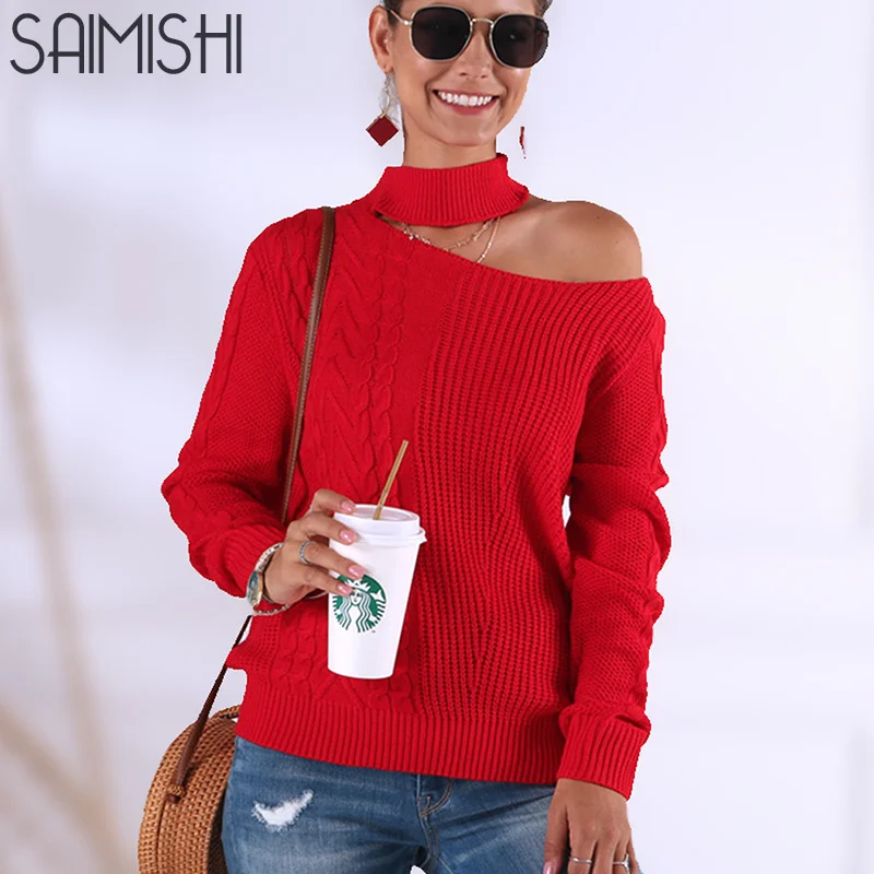 

Saimishi Red Halter Off Shoulder Sweaters Women Turtleneck Sweater 2019 Autumn Winter Long Sleeve Pullover Casual Female Jumper