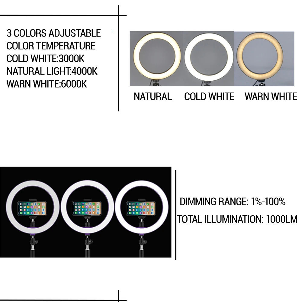 26 см светодиодный кольцевой светильник с 160 см штативом для селфи круглая лампа для студийной фотографии фото лампы лампада телефон USB Ringlight