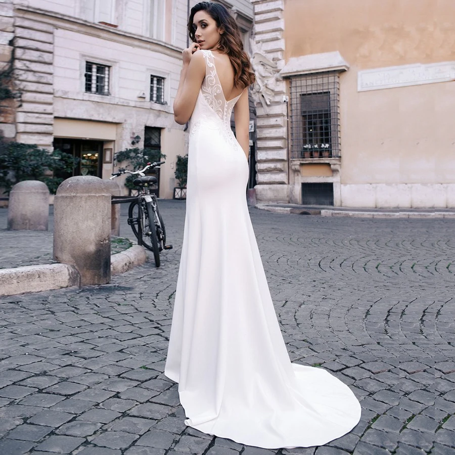 Свадебные платья русалки с рукавами-крылышками Vestido De Noiva глубокой круглой декольте апплике развертки свадебное платье с длинным подолом