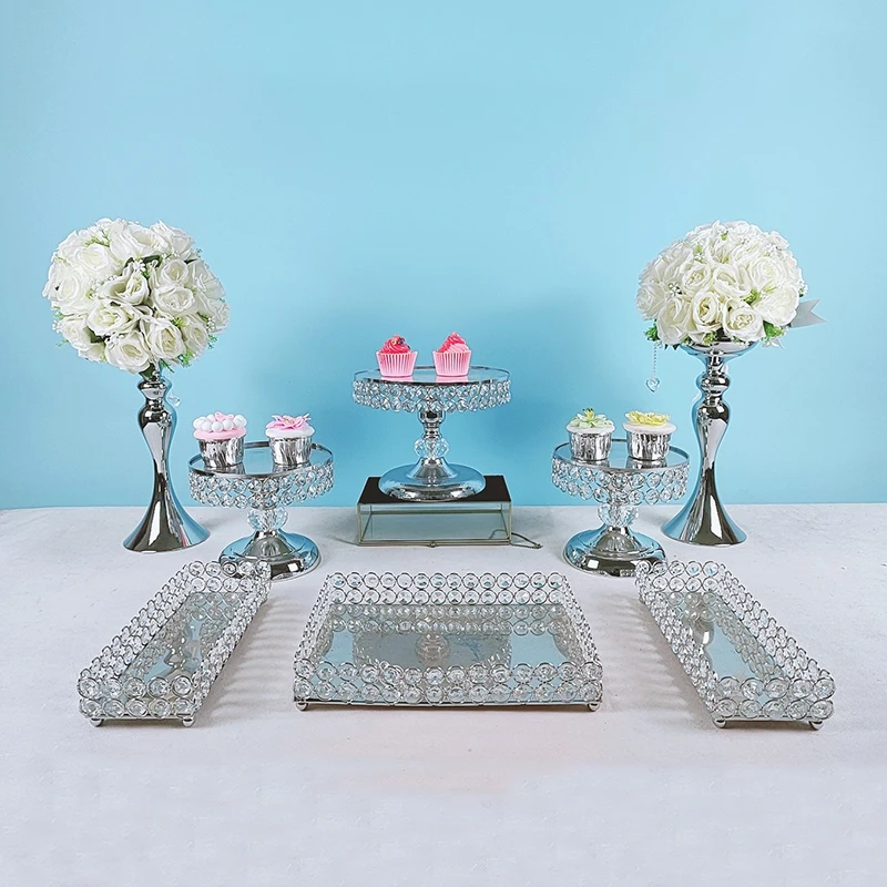 8pcs Metal Cake Stand Set Mirror Cupcake plate Wedding Party Display Tray