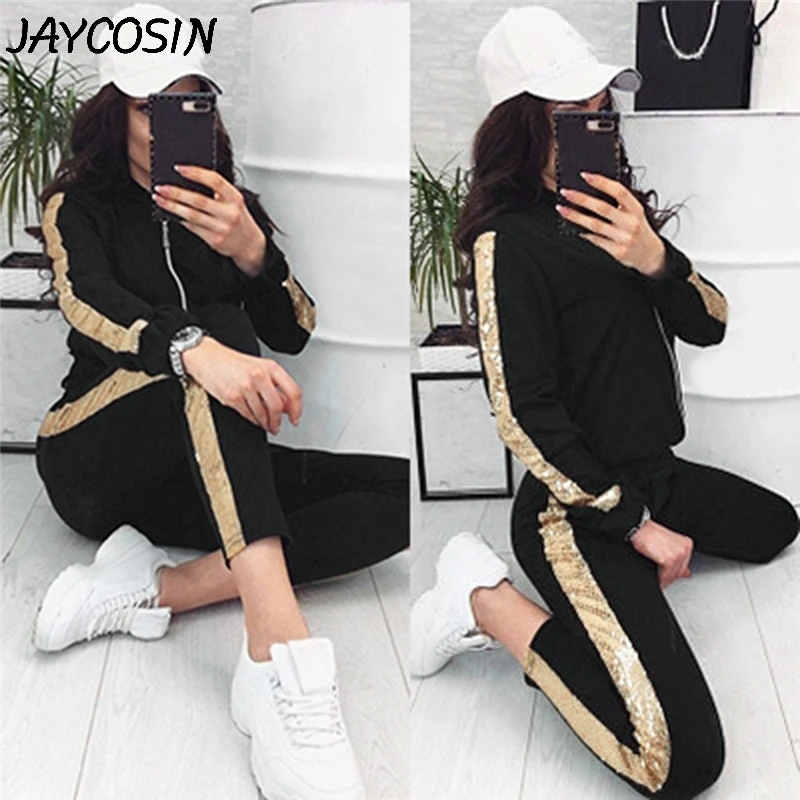 JAYCOSIN спортивный костюм женская футболка с длинными рукавами и блестками сшивание молнии Толстовка Топы Длинные штаны комплект из 2 предметов повседневные женские спортивные костюмы