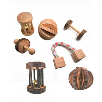 

New Cute Natural Wooden Rabbits Toys Pine Dumbells Unicycle Bell Roller Chew Toys For Guinea Pigs Rat Small Pet Molars Supplies