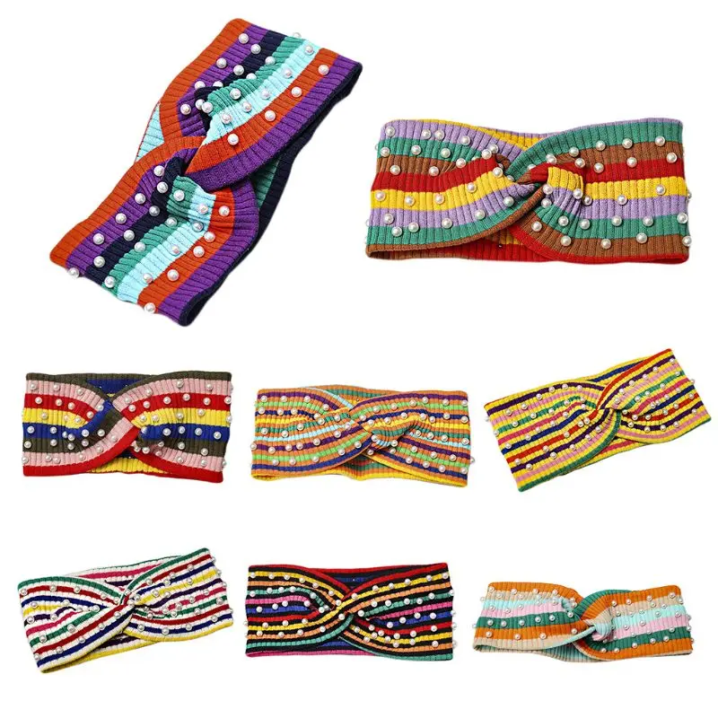 

Bohemian Women Girl Sports Wide Headband Rainbow Colorful Stripes Cross Knot Hairband Imitation Pearl Beaded Styling Knit Turban