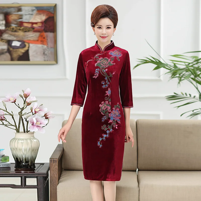 

Cheongsam Spring And Autumn Cheongsam Dress Middle-aged Middle-aged Women Dress Improvement Mid-length Half-sleeve Shirt Capri L