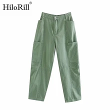 Уличная одежда, свободные джинсы для мам,, Женские джинсы-карго с карманами, модные брюки с высокой талией, зеленые джинсовые штаны