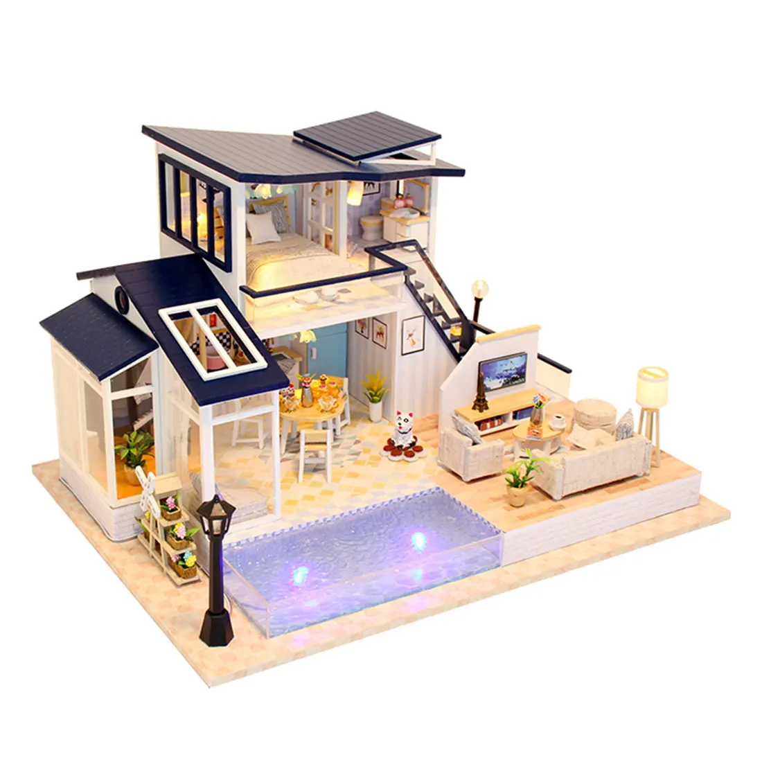 

High Quality DIY Creative Handmade Theme Wooden Cabin Assembly Model Building Dollhouse Toy Set With Light And Music