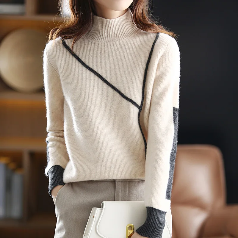 mens cream sweater 100% Wool Cashmere Sweater Autumn/Winter 2021 New Women's High Neck Pullover Casual Color Matching Female Jacket Knitted Tops mens sweaters on sale Sweaters