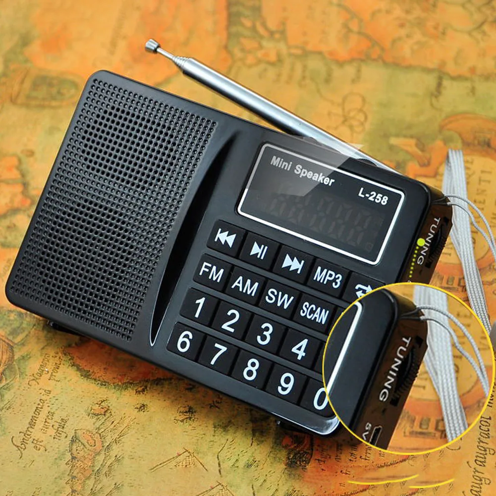 Черный SW FM AM многодиапазонный простой в эксплуатации цифровой дисплей Вставка карта usb зарядка MP3 большая кнопка радио портативный басовый громкоговоритель мини-подарок - Цвет: Черный