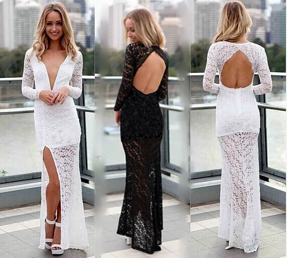 

Formal gown vestido de renda new fashion sexy backless v-neck party prom lace long sleeve women free shipping bridesmaid dresses