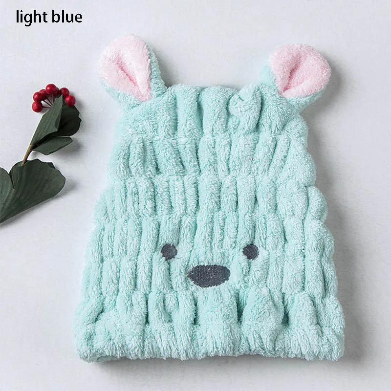 light blue Детская шапочка для душа, мультяшная Кепка для волос 25*20 см, устойчивая Милая шапочка для сухих волос с ушами, многоцветная Коралловая бархатная впитывающая способность, 1 шт - Цвет: light blue