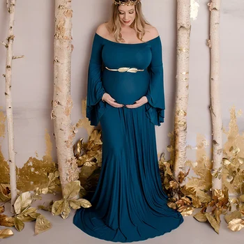 

New Maternity Photography Prop Pregnancy Long Sleeve Cotton Chiffon Maternity Sexy Strapless Gown Photo Shoot Pregnant Dress