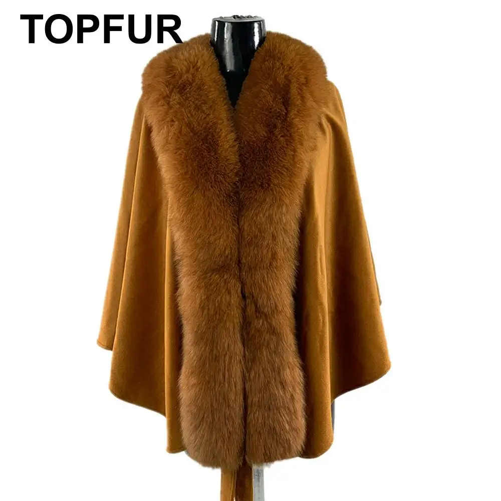 TOPFUR New Fashion Winter Female Cape Brown Real Fur Cape For Women V-Neck Three Quaeter Real Fox Fur Outerwear Bat Sleeved