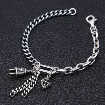 

925 Sterling Silver Bracelet Bangle Friendship Punk Survival Hiphop DIY Cross plug Bracelet