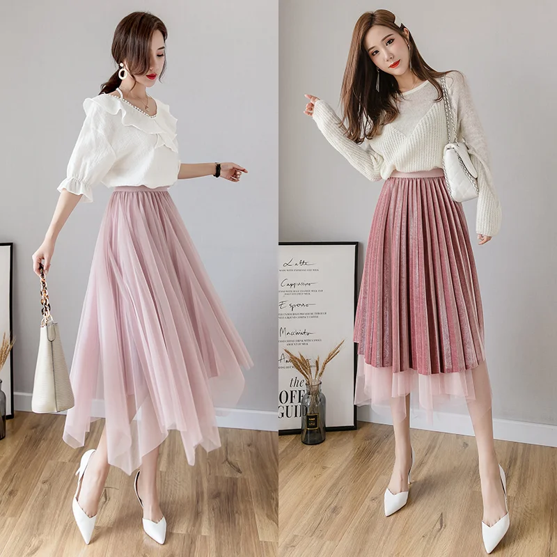 

Women Irregular Elasitc Waist Tulle Skirts Two Wearing Ways Gauze Net Pleuche Pleated Skirts Autumn 2019 Fairy Princess Skirts