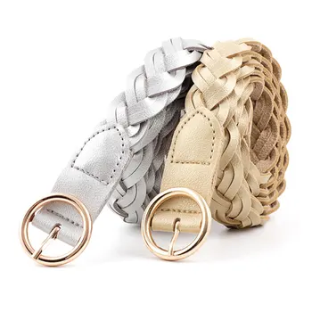 

Round Gold Pin Buckle Women Belt PU Leather Braided Knitted Casual Women Belt Decorative Thin Waistband Fashion Accessories