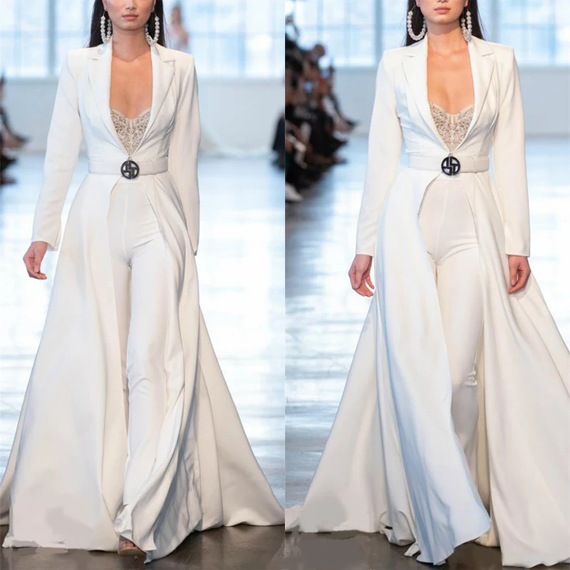 

Berta 2019 White Prom Dresses Jumpsuits Long Sleeve Satin With Long Jackets Evening Gowns Plus Size robes de soirée Pants Suits
