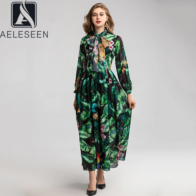 AELESEEN весенние офисные женские подиумные платья трапециевидной формы с цветочным принтом женское Элегантное Длинное Платье с леопардовым принтом и бантом длиной до щиколотки