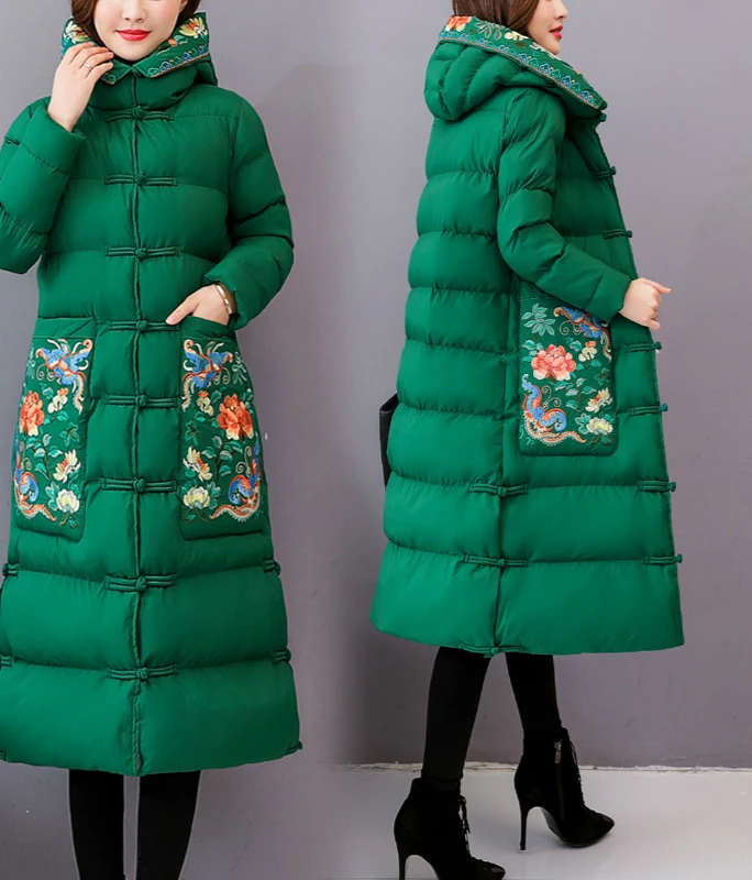 green Китайский зимний осенний женский пуховик, теплое длинное пальто, черная, красная, зеленая парка с вышивкой и капюшоном, Женское пальто с капюшоном - Цвет: green