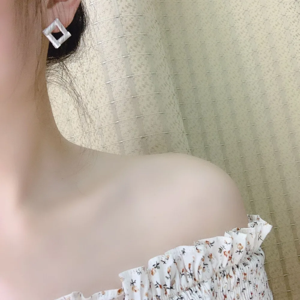 HUANZHI Korean S925 Silver Pin Matte Geometric Square Hollow Splice Small Stud Earrings for Women Girls Wedding Party Gifts
