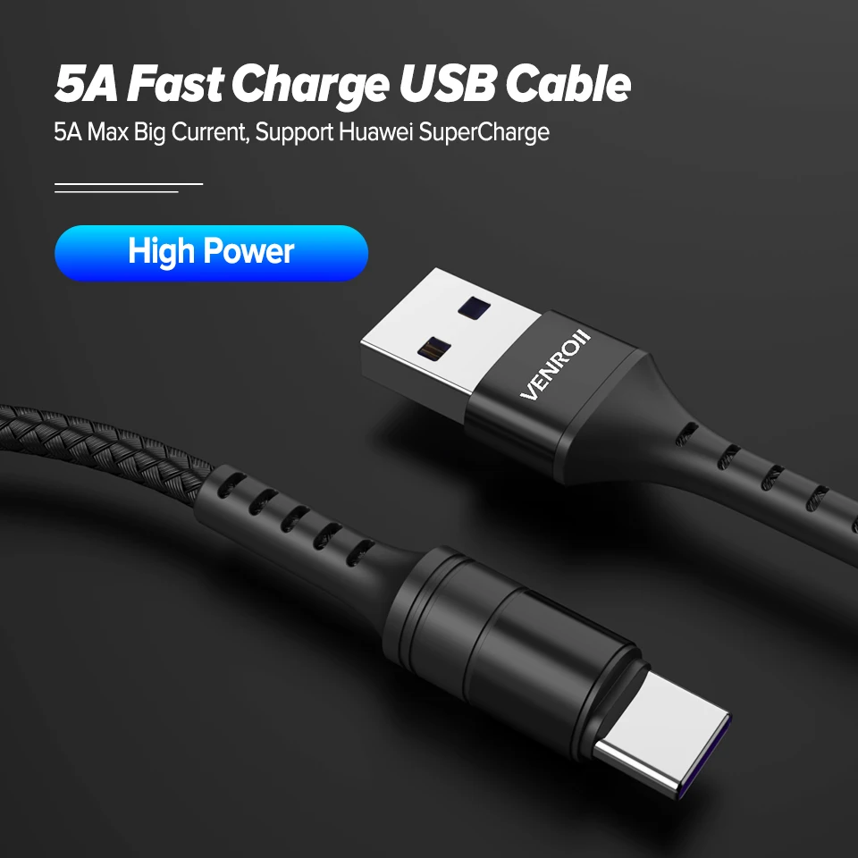 Кабель USB Type C Venroii для быстрой зарядки 3 0 4 USBC 5A кабель с суперзарядкой типа Huawei P30 P20