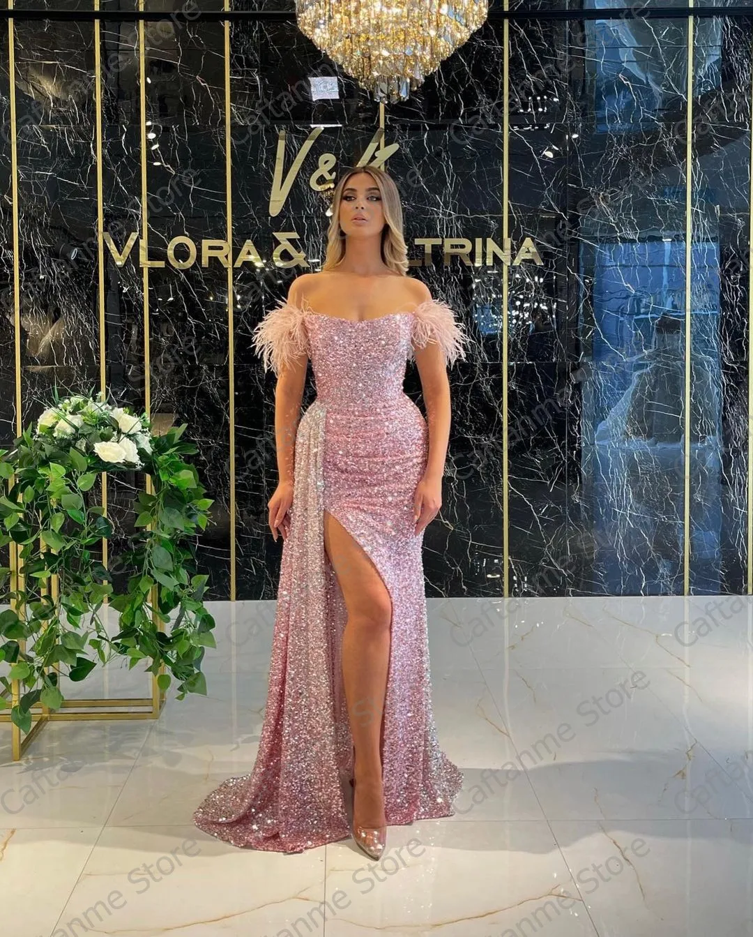 Shiny Pink Off Shoulders Sequins Long Dresses With Feathers Sexy Side High  Split Strapless Dress Long Mermaid Party Gowns - Prom Dresses - AliExpress