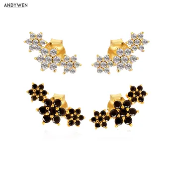 

ANDYWEN 925 Sterling Silver Clear Black Zircon Three Flower Stud Earring 2020 Women Fashion Wedding Party Jewelry Crystal