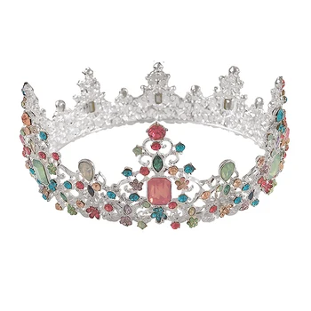 

Baroque Royal Rhinestone Queen Crown Round Colorful Crystal Stone Wedding Tiara For Women Bridal Costume Hair Accessories