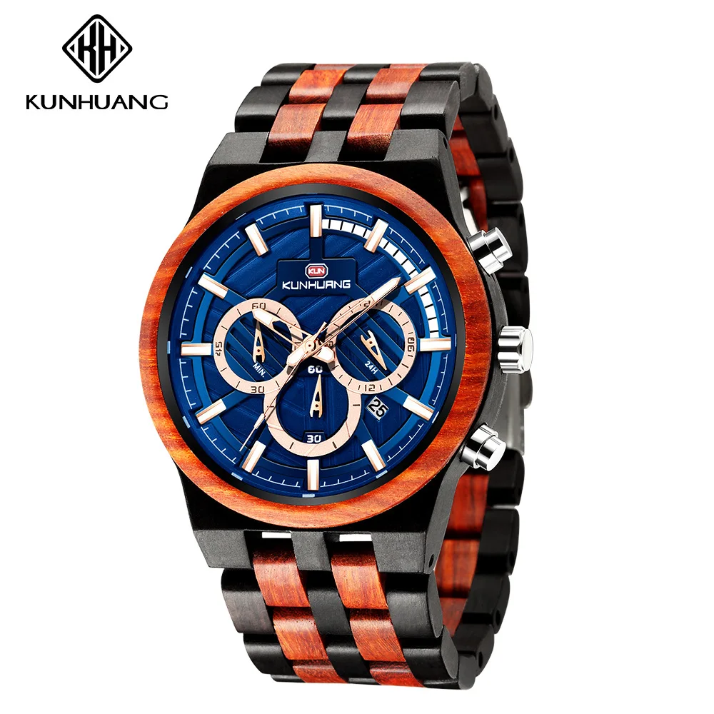 

Wooden Watch Men Casual Sport Calendar Wood Wristwatch for men Business Chronograph Military Quartz Watches Mens Kun Huang