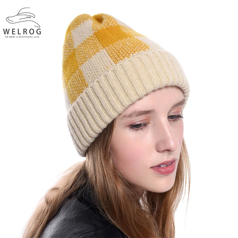 

welrog Fashion Two-color Plaid Hats 2019 New Mohair Wool Warm Charming Lattice Winter Hat Red Wool Knitting Women Caps Headpiece