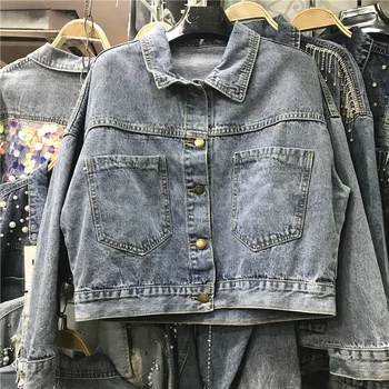 

2020 Spring Retro BF Wind Jacket Loose-Fit Batwing-Sleeve Fringed Cropped Denim Jacket Ladies Streetwear Jean Coat Nancylim