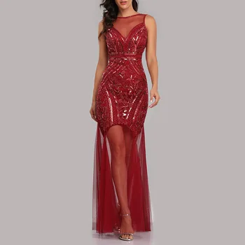 

Burgundy Scoop Neck Prom Dress Mermaid Floor Length Sleeveless Sequins Tulle Evening Party Gown Formal Prom Dresses