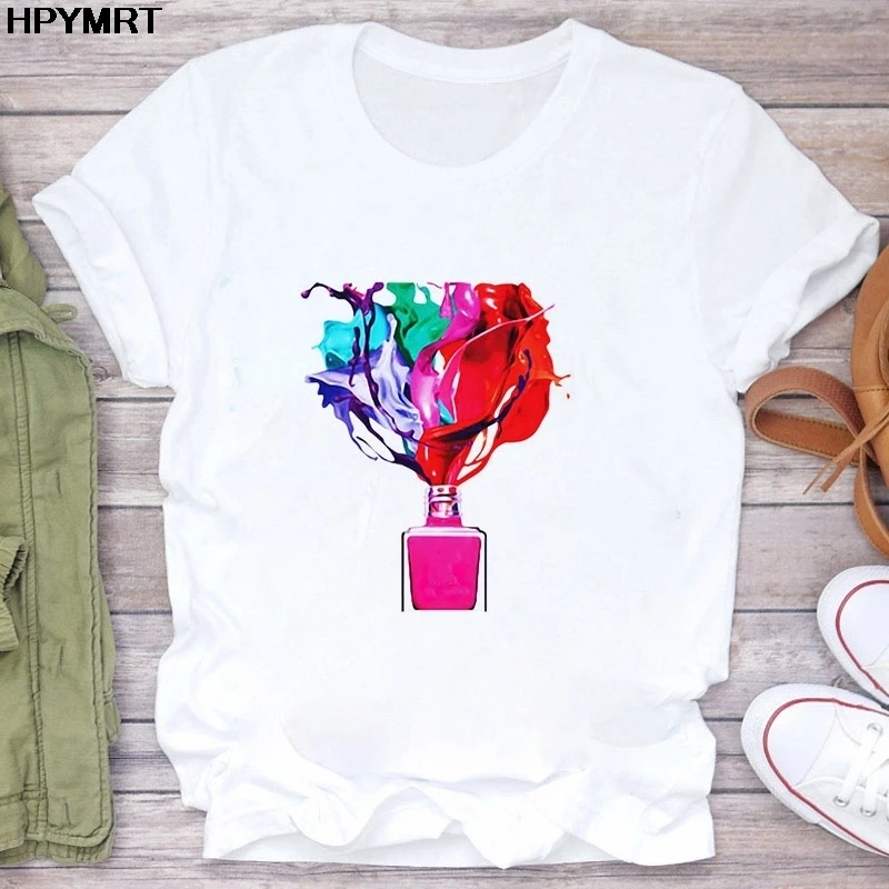 

Футболка женская с принтом духов и графики, Модный милый топ с коротким рукавом в стиле Харадзюку, на лето