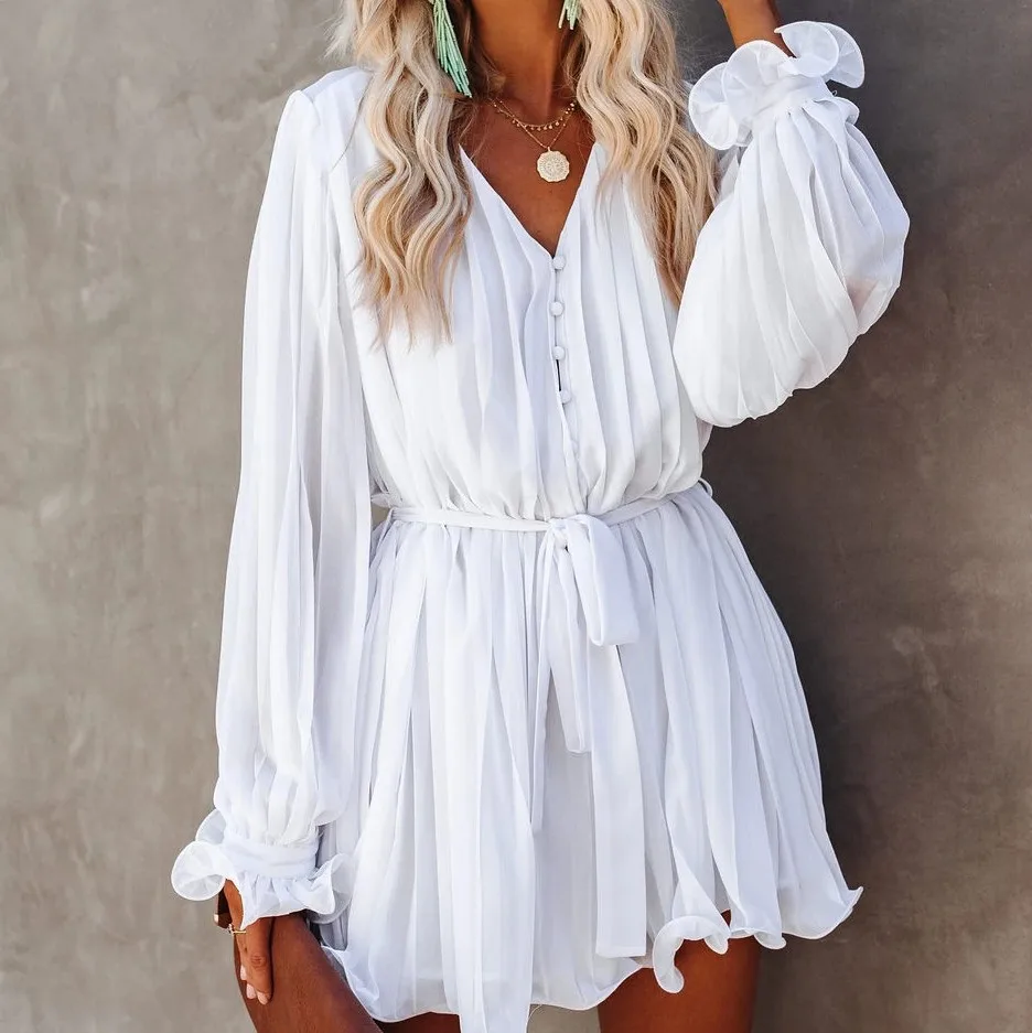 High Quality Chiffon Bikini Cover-ups Sexy V-neck Self Belted Summer Dress White Tunic Women Beach Wear Swim Suit Cover Up A396