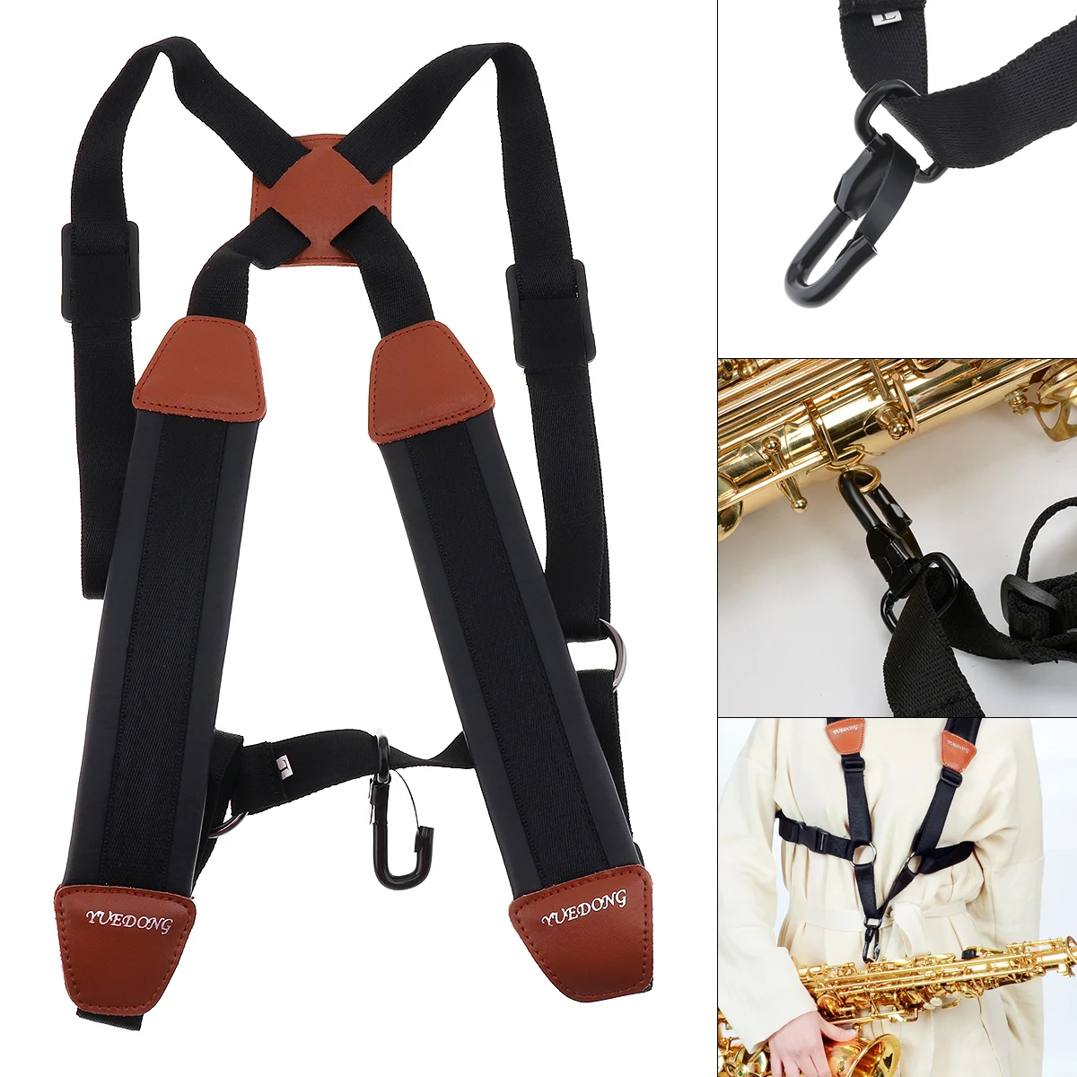 Genuine Leather Adjustable Double Shoulder Saxophone Strap with Steel