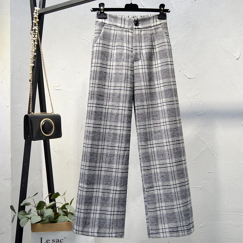 Woherb Plaid Pants High Waist Wide Leg Trousers Loose Autumn Winter Straight Pantalones Korean Fashion New More Style 91095 - Цвет: 13