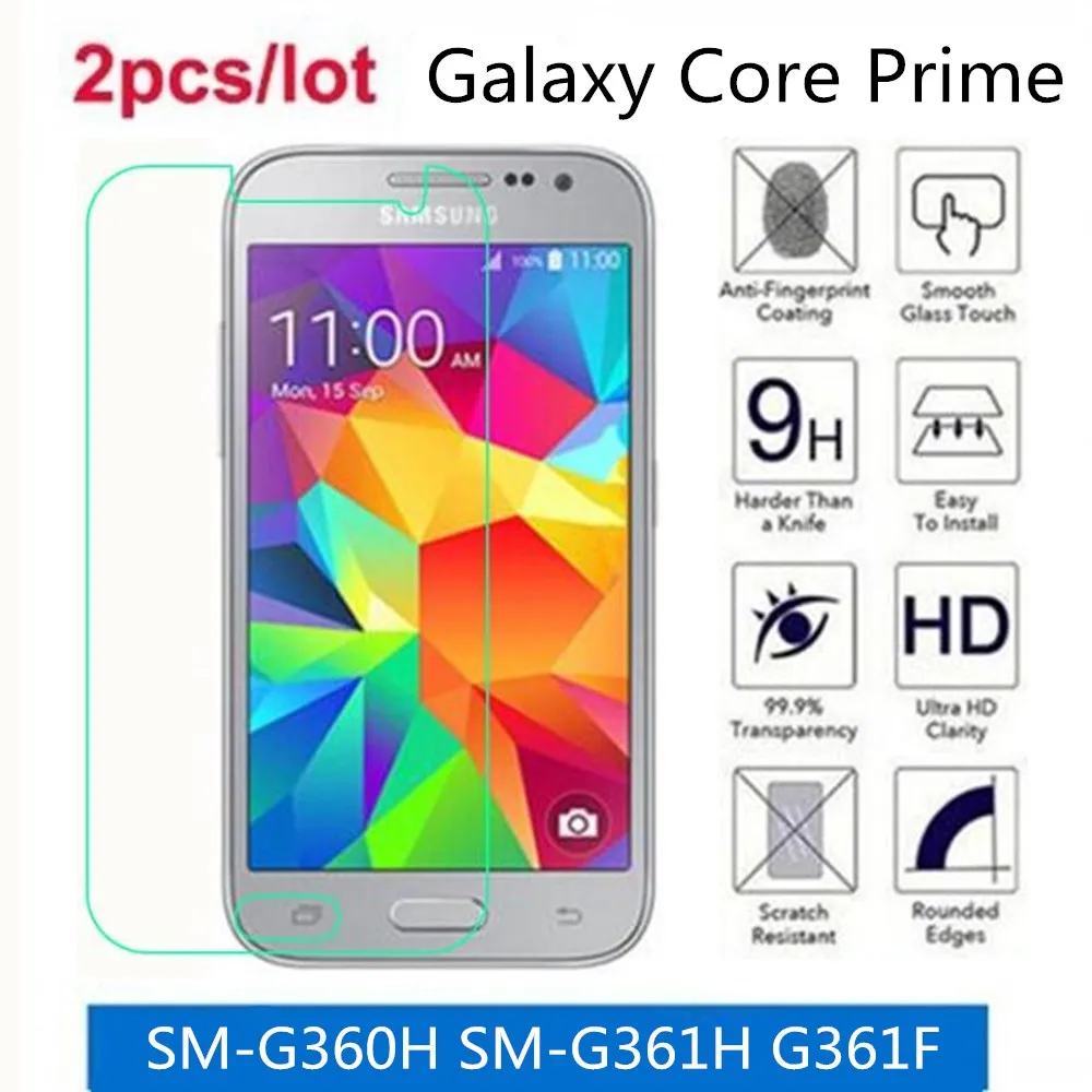 

2 Pcs/Lot For Samsung Galaxy Core Prime Tempered Glass 9H 2.5D Premium Screen Protector Film On Galaxy SM-G360H SM-G361H G361F