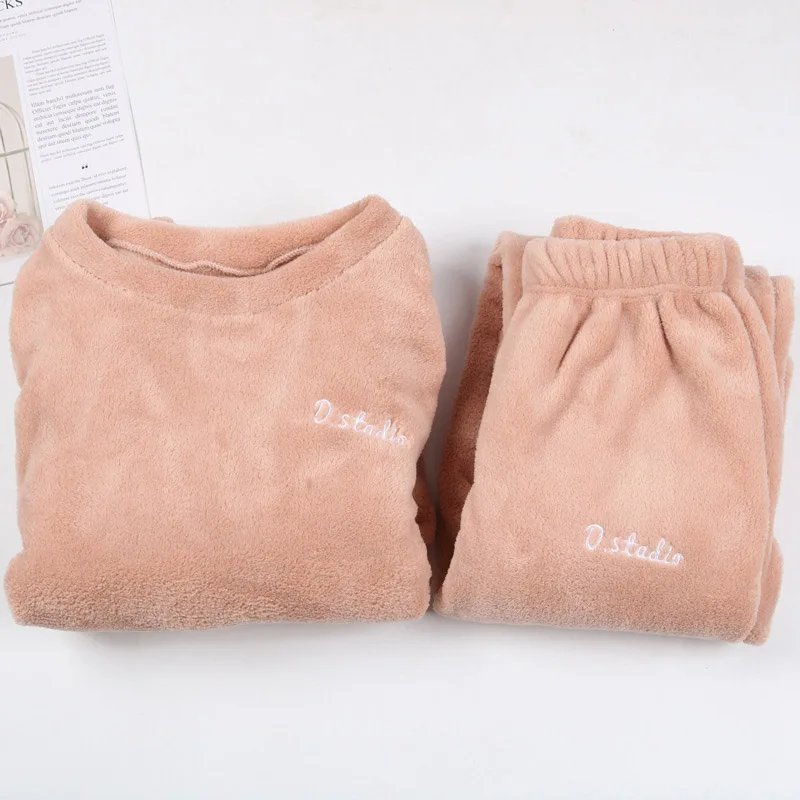 Pink Новые зимние теплые пижамы для женщин, 2 шт., зимние женские пижамы, утолщенные бархатные пижамы, набор, свободные, большие размеры, один размер, пижамы - Цвет: Pink
