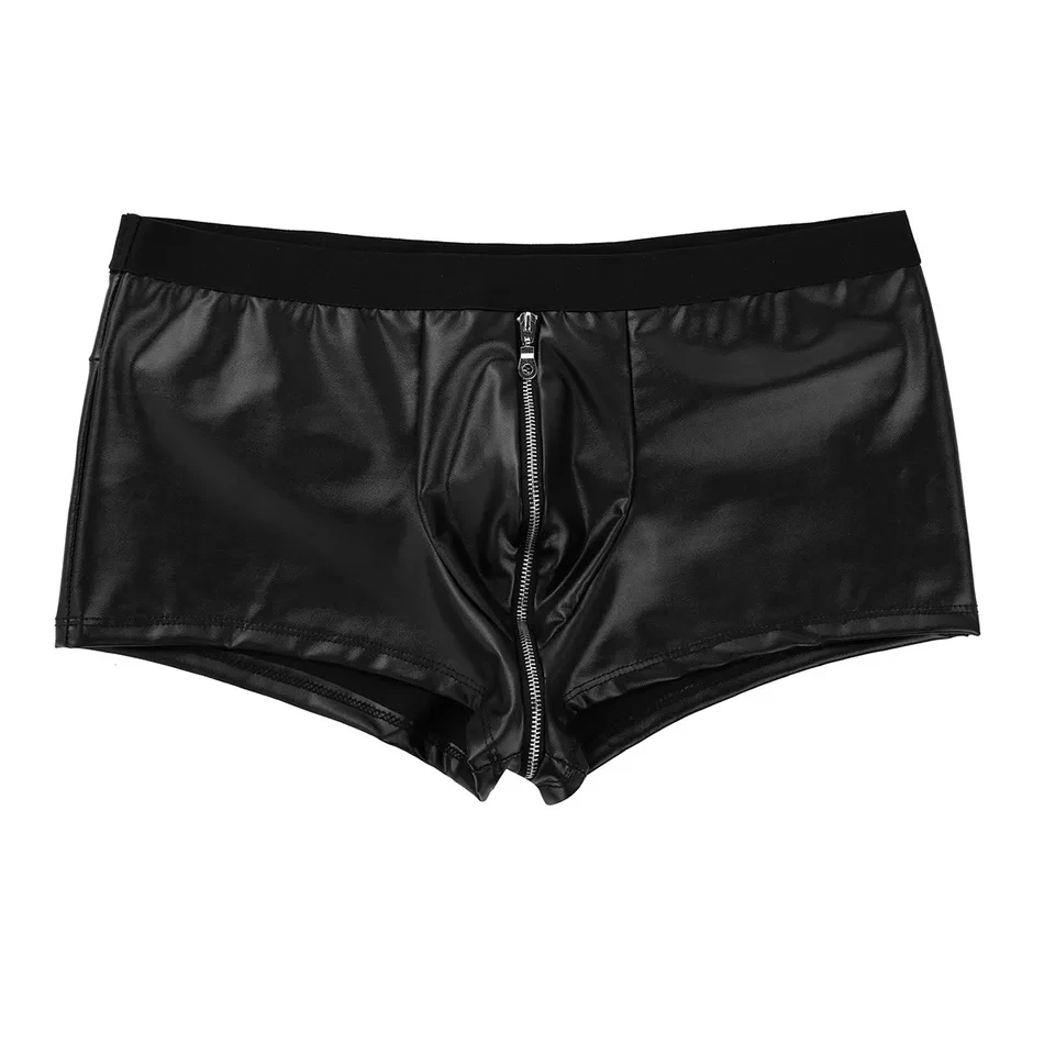 Mens Sexy Open Crotch Leather Short Pants For Sex Zipper Crotchless Soft Patent Leather Fetish Boxer Erotic Hot Porn Pants Sexi