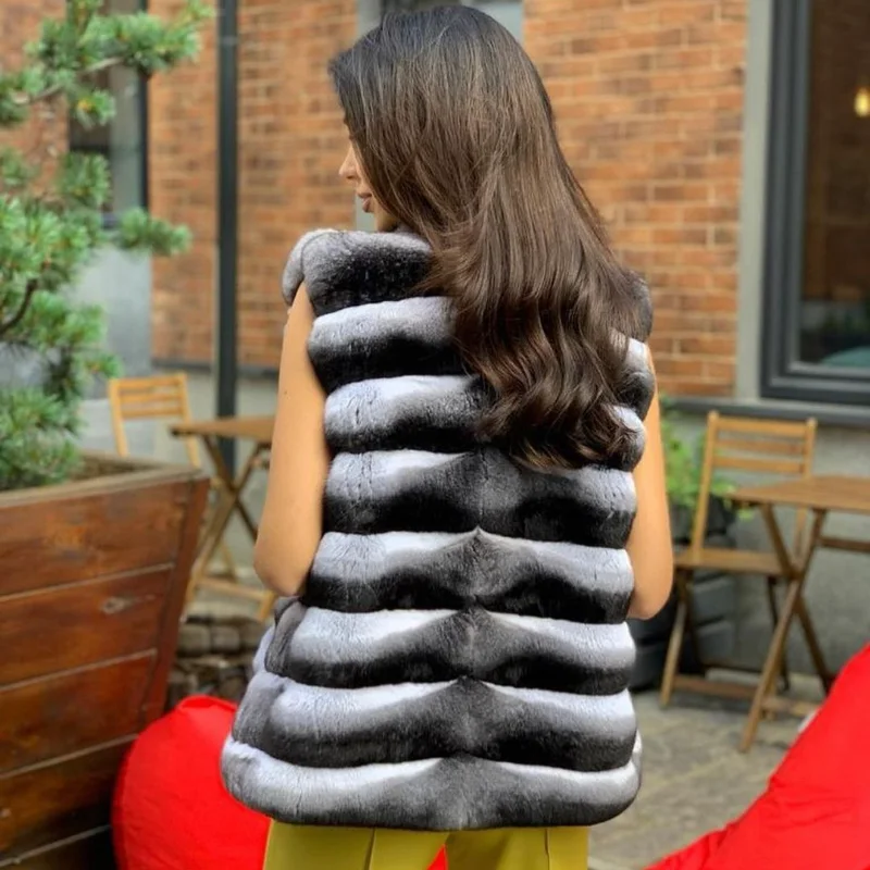 FURSARCAR 2021 New Real Fur Gilet Natural Rex Rabbit Chinchilla Color Waistcoat Fur Soft Sleeveless Fluffy Warm Short Fur Vest