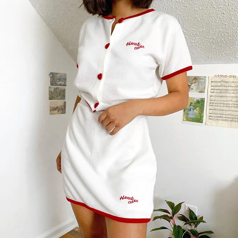 

Streetwear Heart Pattern Knitted Two 2 Piece Set Women Outfits 2019 Autumn Short Sleeve T Shirt +Mini Skirt Matching Sets Casual