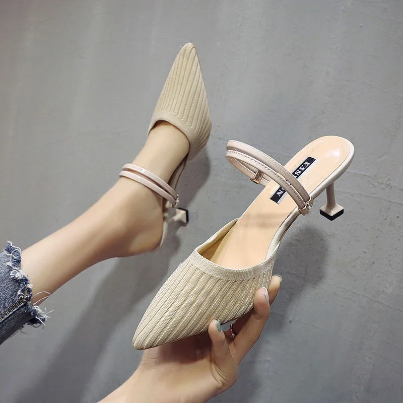 

A Shoes Double Purpose WOMEN'S Sandals 2019 Summer Korean-style Knitted Pointed-Toe Thin Heeled High Heel Shoes Online Celebrity