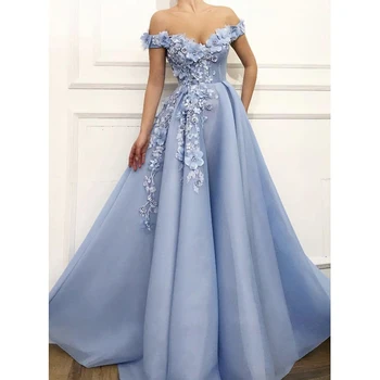 

2020 A-Line Off The Shoulder Flowers Appliques Dubai Saudi Arabic Long Evening Gown Prom Dress Charming Blue Evening Dresses