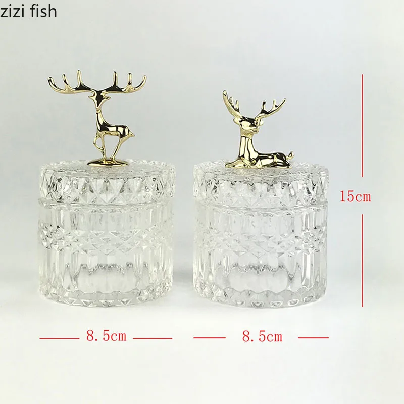 Green Glass Storage Jars Tea Canister Candy Pot Golden Deer Decorative Storage Jar with Cover Transparent Spice Organizer Box 3