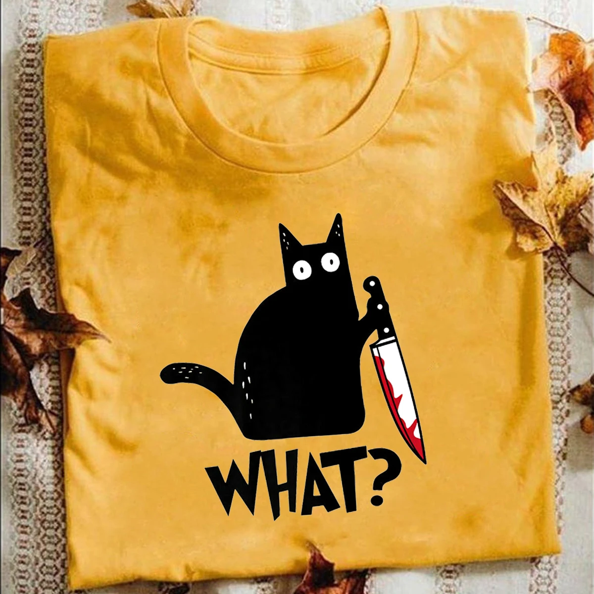 Cat What t shirt killous Cat с ножом Забавный подарок на Хэллоуин футболка унисекс хлопковая футболка s для мужчин и женщин - Цвет: golden