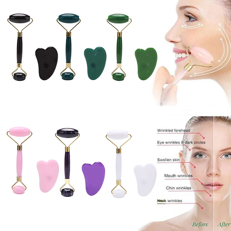 

Rose Quartz Gouache Scraper Jade Roller And Gua Sha Scraper Facial Massager Slimming Face Wrinkle Removal Beauty Skin Care Tools