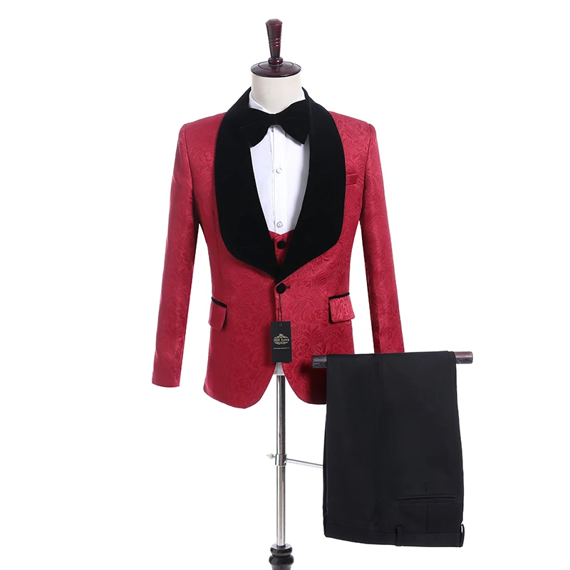 New Style Groomsmen Dark Red and Black Groom Tuxedos Shawl Lapel Men Suits Wedding Best Man ( Jacket+Vest+Pants+Tie ) Z220 | Мужская