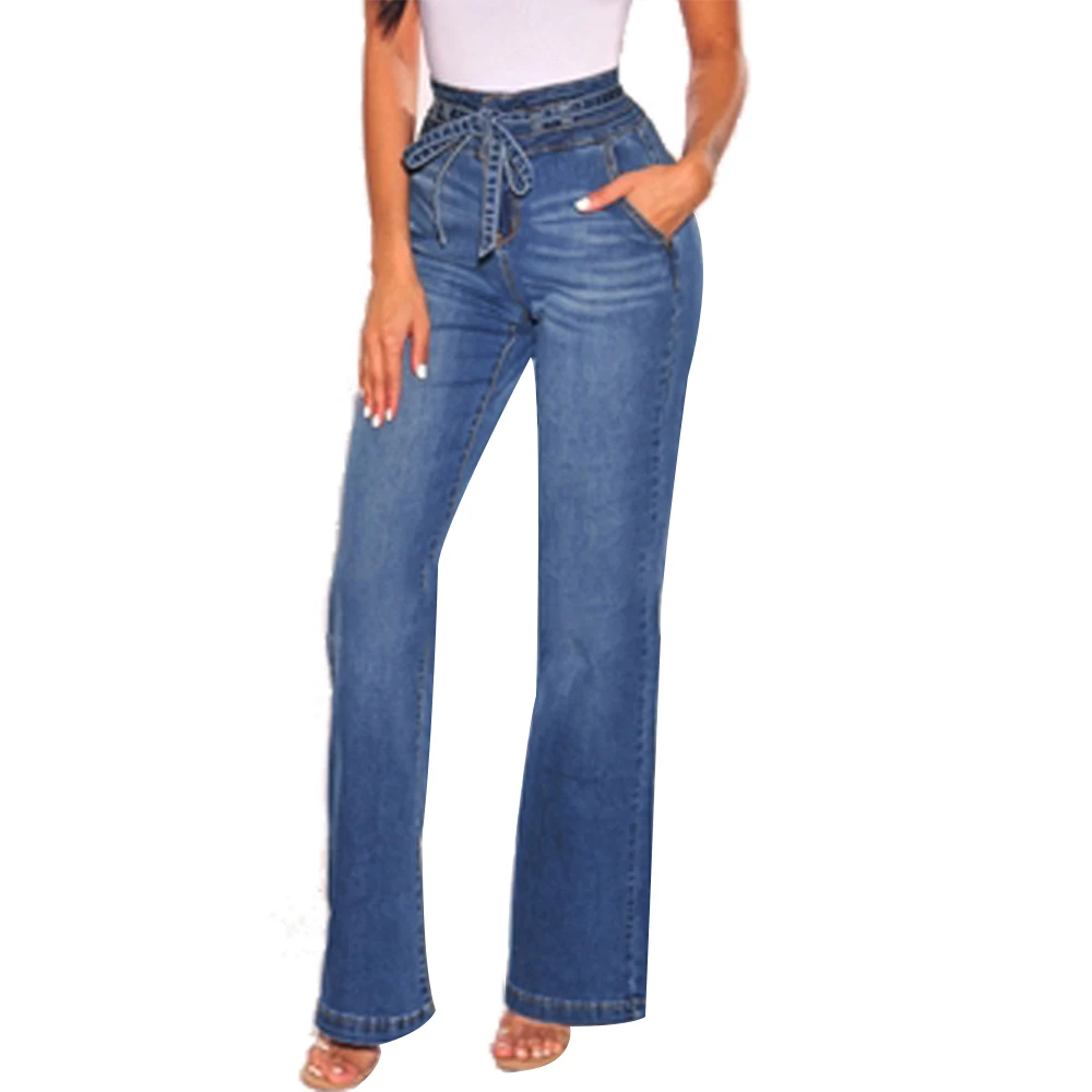 2019 джинсы-бойфренды для Для женщин Высокая Талия Брюки с широкими штанинами женские поясом бантом Винтаж джинсовые штаны женские, с